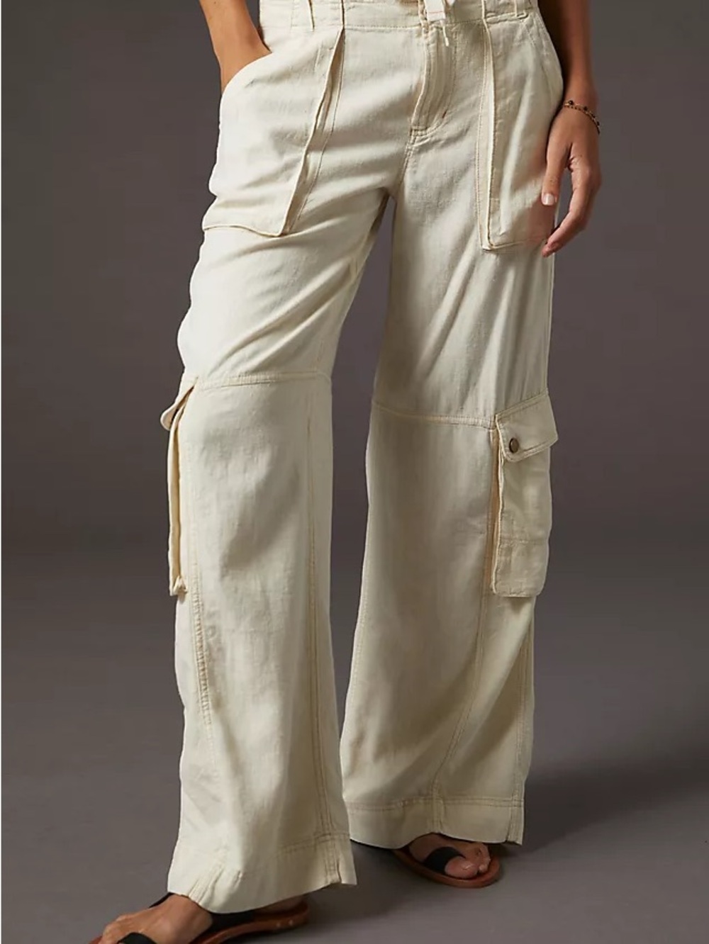 Anthropologie Cream Wide-Leg Cargo Trousers